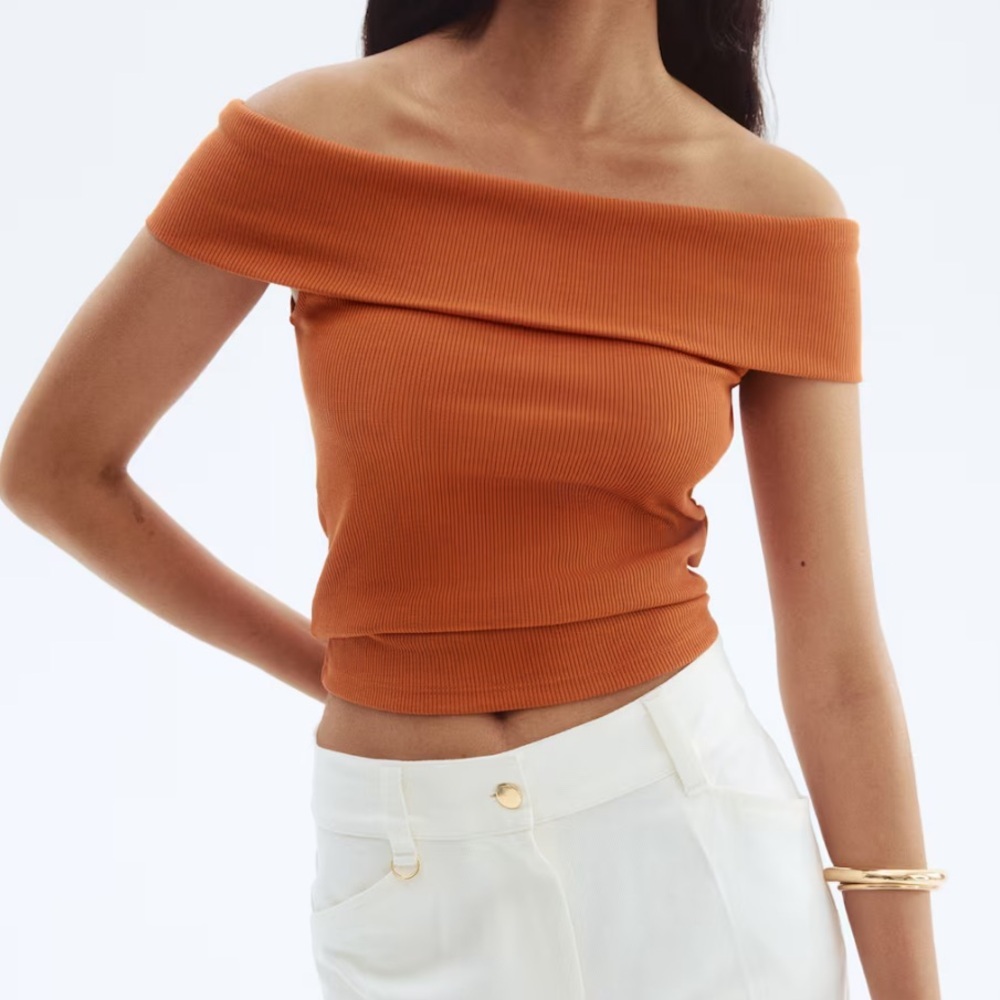 H&M Orange Ribbed Fold Over Off-The-Shoulder Cropped Top Size XL